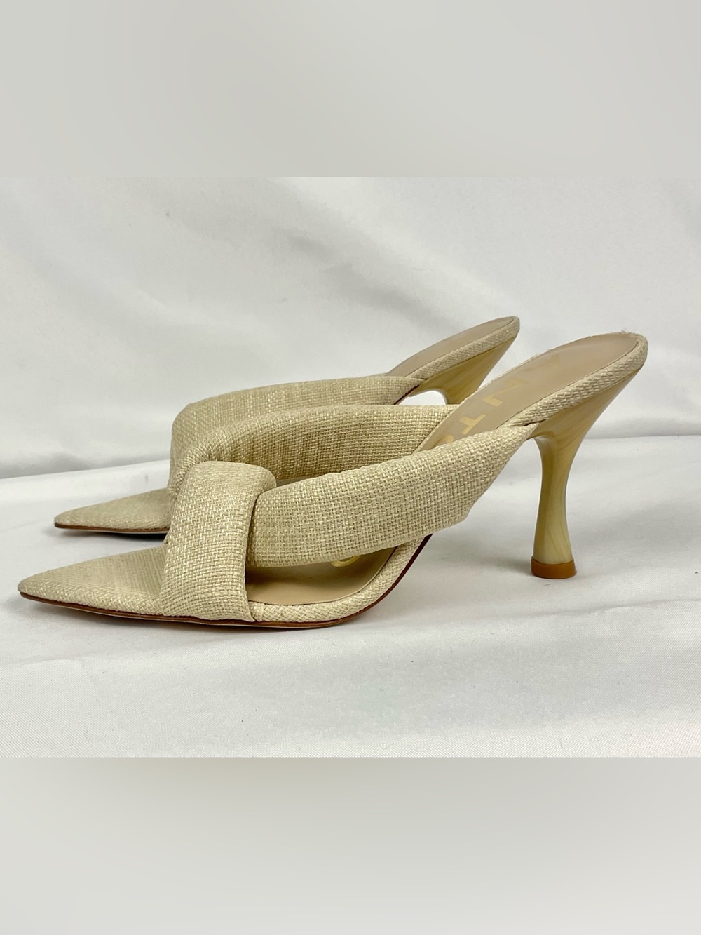 Antonio Melani Linen Tweed Knotted Mule Heels Cream Beige Sz 6 Prisella Sandal